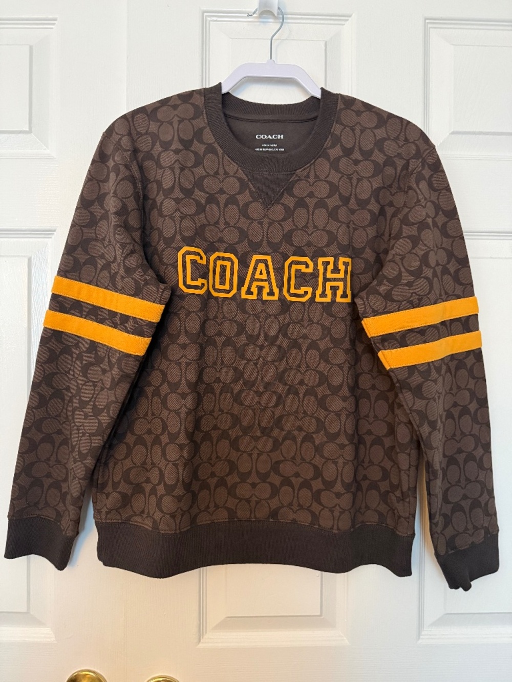 Coach Brown Crewneck Sweater with Yellow Stripe Accents